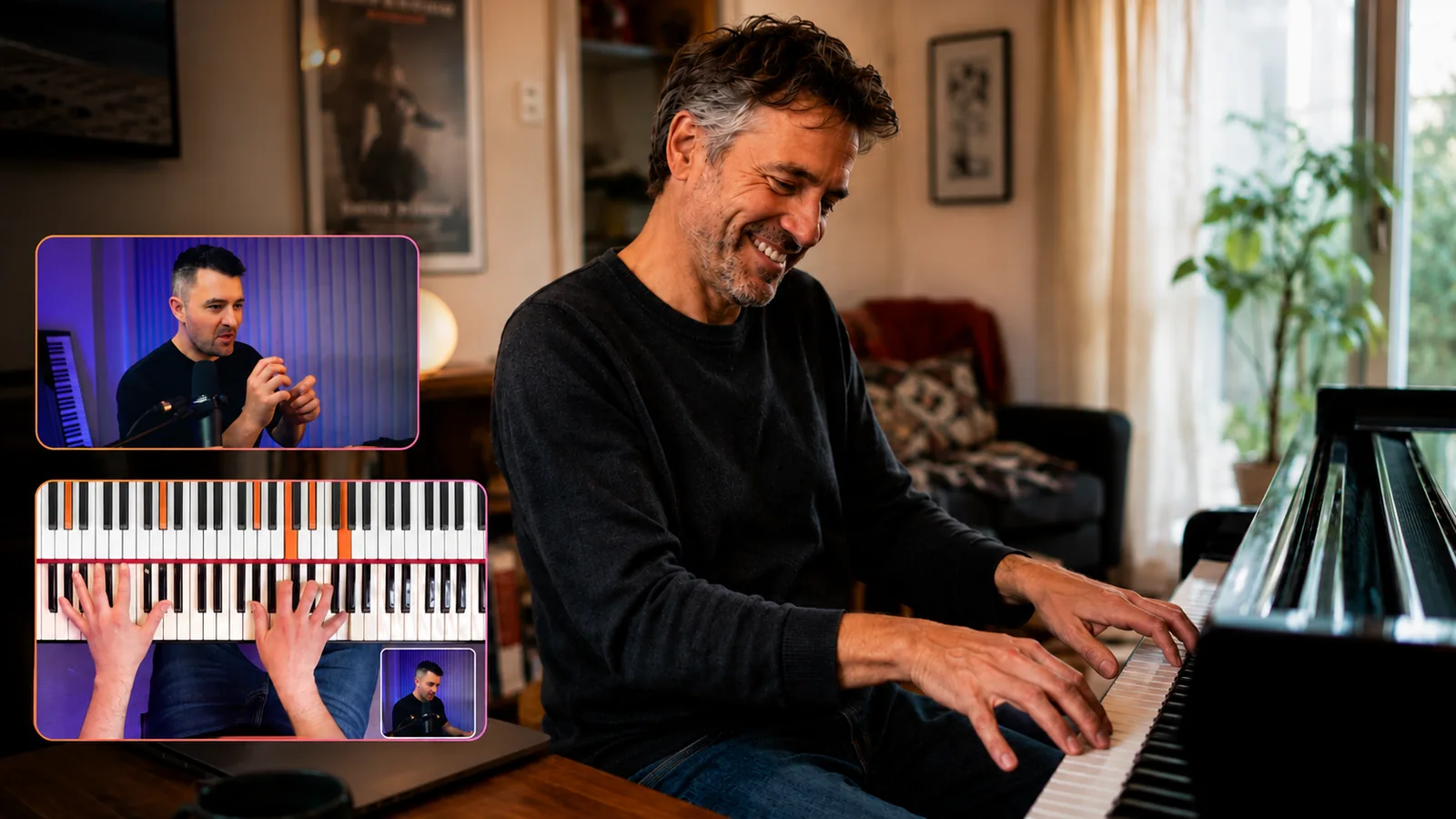 A player at the piano with Keys Coach lessons on screen