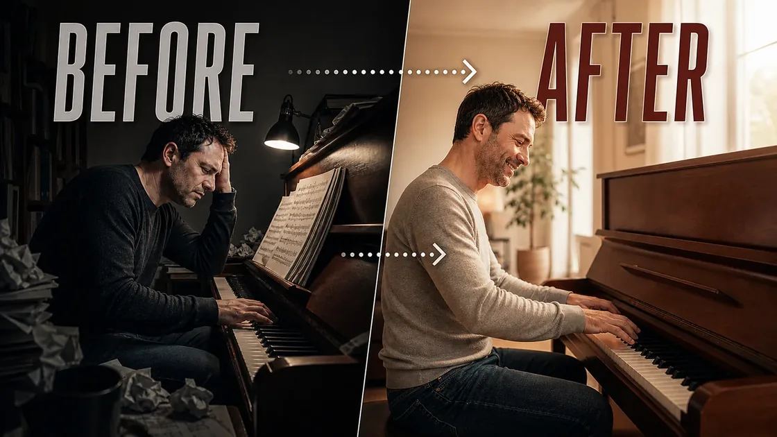 The same piano player: frustrated at the keys on the left, then playing confidently and happily on the right