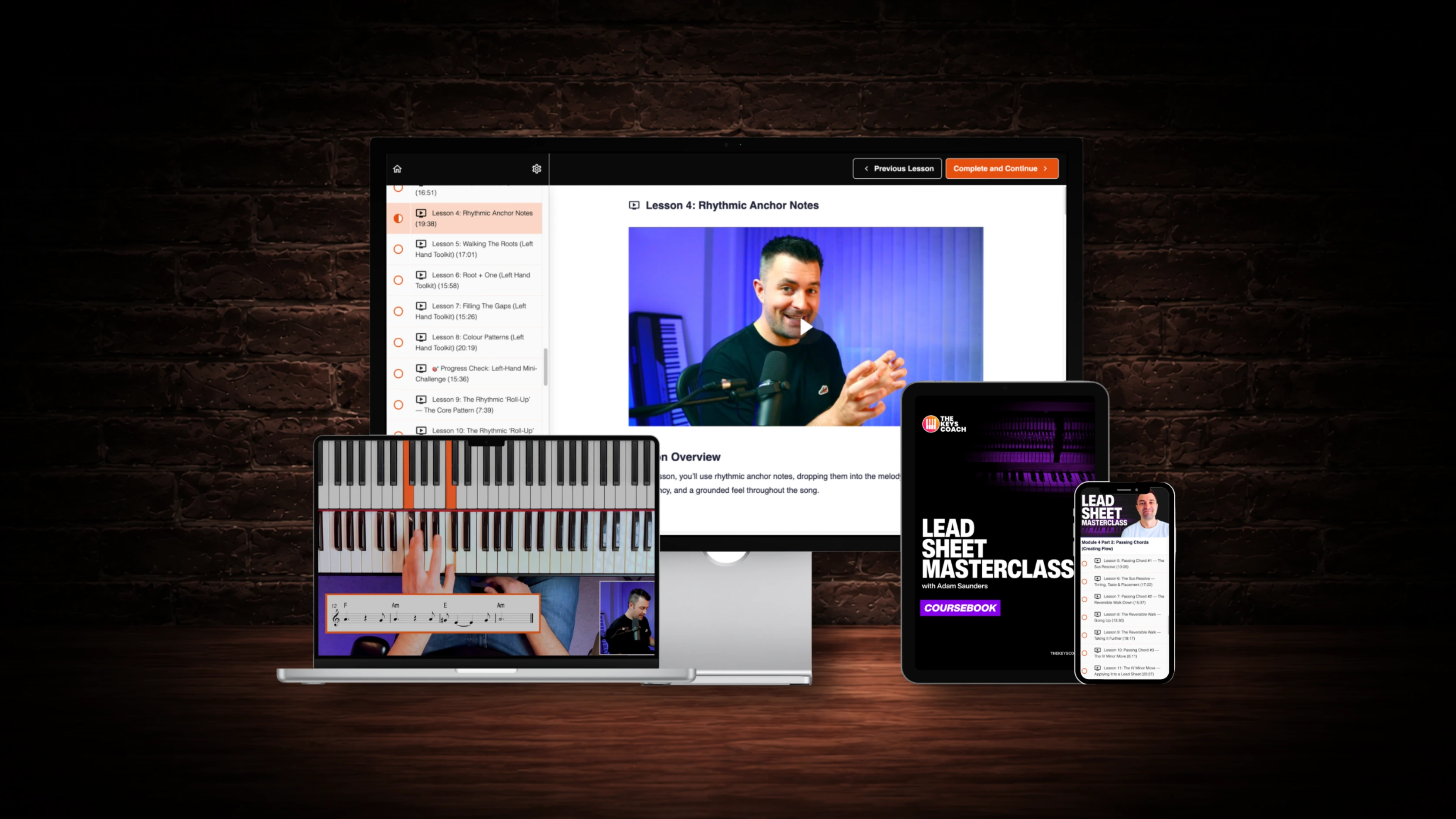 Lead Sheet Masterclass shown across desktop, laptop, tablet and phone, with video lessons and the coursebook