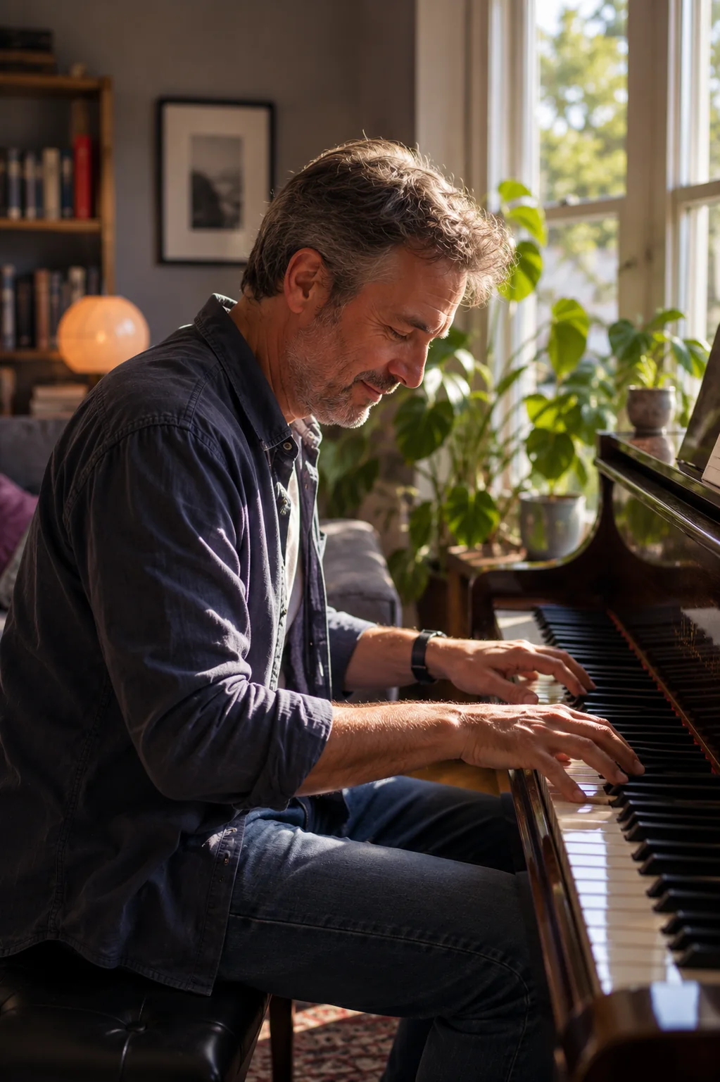 A man playing piano at home on a quiet, sunlit Sunday afternoon