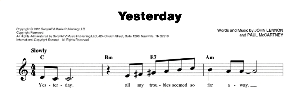 A lead sheet for 'Yesterday' showing only the melody and chord symbols
