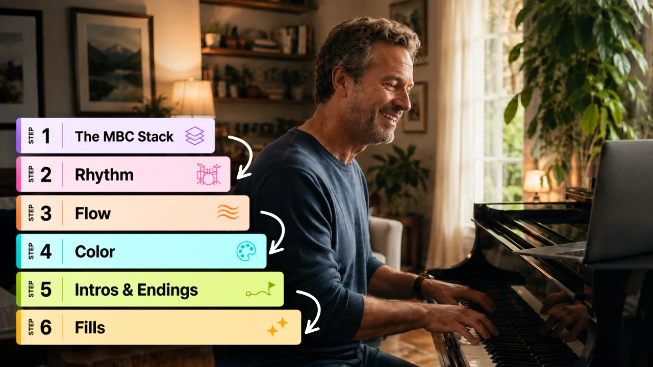 Adam playing piano at home, with the six Solo Piano Playbook steps shown alongside